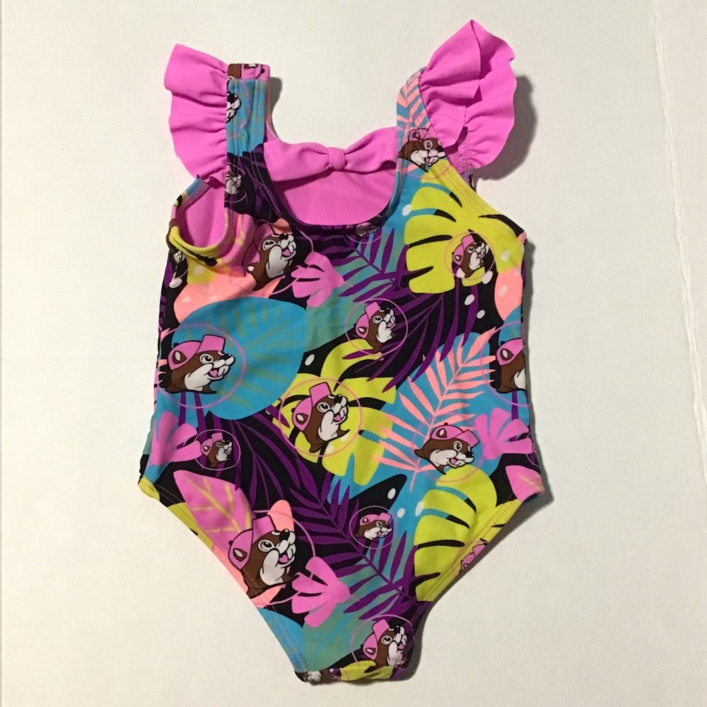 Buc-ee's Girls 2T One Piece Swimsuit Tropical Beaver Print Pink Ruffle Bow Back - Picture 3 of 6